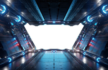 Fototapeta na wymiar Metallic spaceship interior with isolated cut out transparent window. Glossy starship corridor with blue and pink glowing lights. 3D rendering
