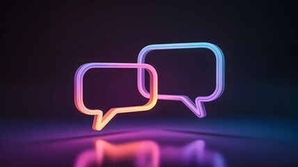 Two glowing neon speech bubble icons overlapping with vibrant purple and pink light reflections