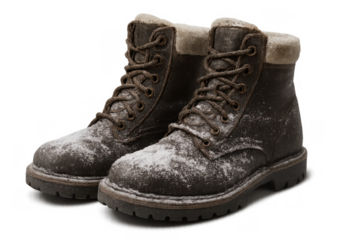 Brown leather winter boots covered in snow, ready for cold weather activities. This durable footwear offers warmth and protection