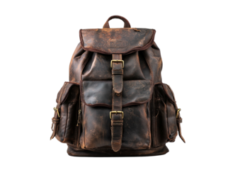 Aged leather backpack with flap, pockets, dark background