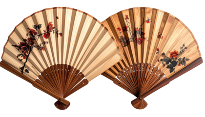 Two wooden folding fans displaying floral branch artwork