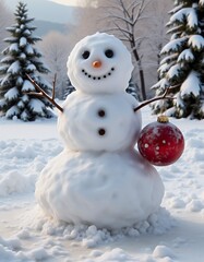 Winter wonderland snowman with festive red ornament snowman christmas  holiday decoration winter season cute snow