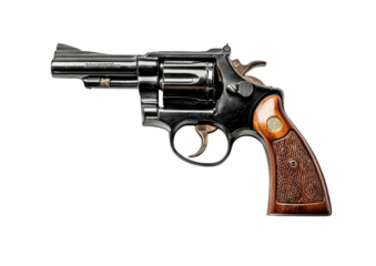 Polished black revolver with wooden grip on dark background