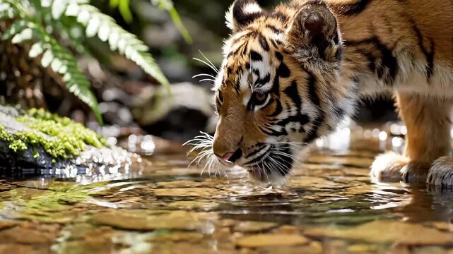 Adorable Young Tiger Cub Drinking Water From a Clear Jungle Stream.
