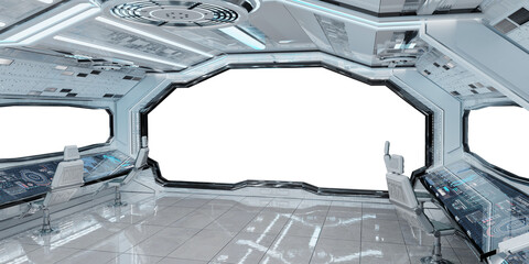 White futuristic spaceship cockpit with isolated cut out transparent window. Glossy starship interior with glowing lights. 3D rendering