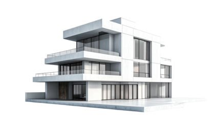 Modern, boxy white house with large windows