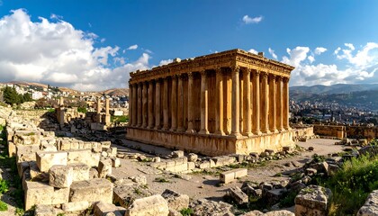Ancient temple with towering columns set amidst ruins under a blue sky