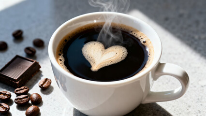 Steaming cup of coffee with heart-shaped foam beside chocolate and coffee beans in morning light