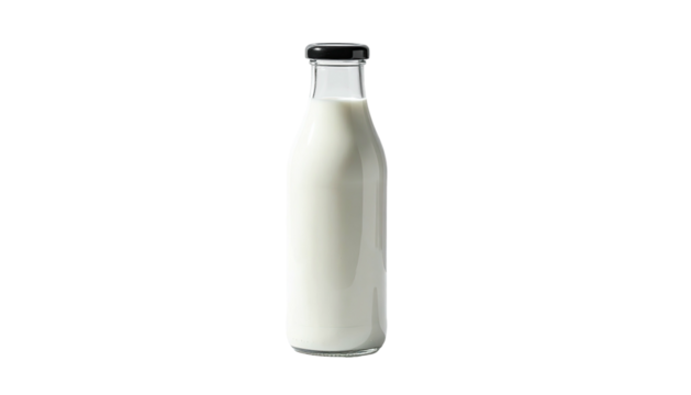 Glass bottle of white milk isolated on black backdrop