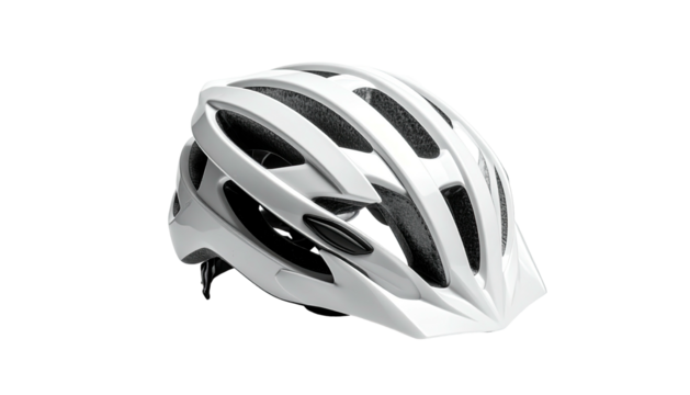 Sleek white cycle helmet, well ventilated, resting on dark backdrop
