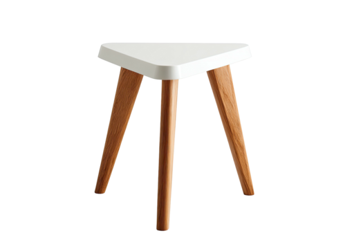 Triangle-topped, three-legged, white & wood side table - Powered by Adobe