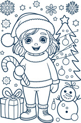 Adorable child in santa hat and scarf holding candy cane near decorated christmas tree and presents perfect for holiday coloring pages
