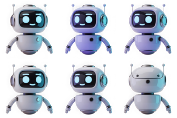 Cute robot characters in different colors and expressions. isolated on transparent background