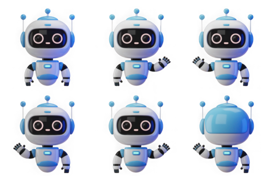 Cute cartoon robot collection, waving and standing, isolated isolated on transparent background
