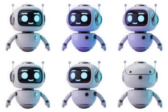 Cute robot characters in different colors and expressions. isolated on transparent background