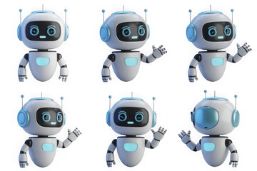 Cute robot collection with different gestures and expressions on white background isolated on transparent background