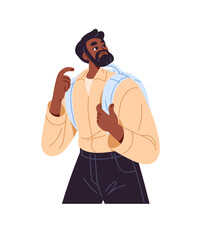 Black man walks, hand gestures and carries backpack. Curious tourist travels with luggage, looks around and pointing finger. Person is hiking. Flat isolated vector illustration on white background