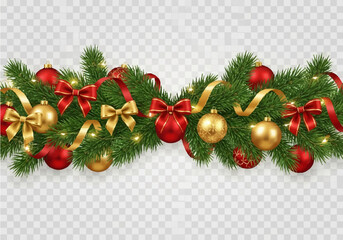 Festive Christmas garland with red and gold ornaments, ribbons, and lights, on a transparent background.