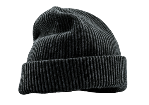 Ribbed, dark beanie with folded cuff on a black background
