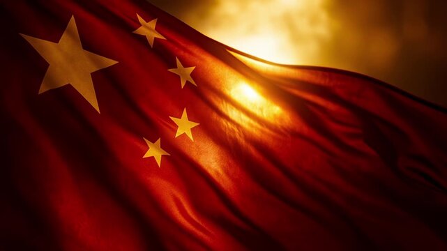 Closeup of China flag at sunset waving in slow motion