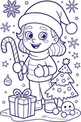 Charming christmas coloring page for children featuring a happy child in santa hat and scarf with candy cane beside a decorated tree and gifts
