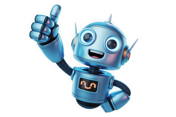 Friendly robot character giving thumbs up and pointing up with a smile isolated on transparent background