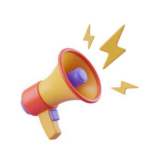 3d cartoon megaphone broadcasting announcement with lightning bolt icons isolated on transparent background