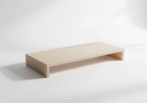 Minimalist light wood monitor stand on white background