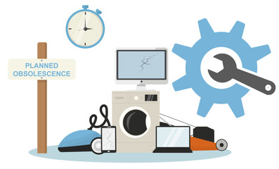 Planned Obsolescence with Damaged Appliances and Gear Symbol. Broken appliances, repair gear, and stopwatch, illustrating limited product lifespans and sustainability issues. Vector illustration