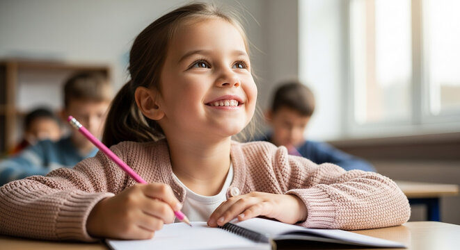 Young girl smiles while taking notes in a classroom during a sunny day filled with learning and creativity