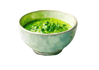 Vivid green sauce in simple ceramic bowl, top-down view