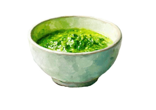 Vivid green sauce in simple ceramic bowl, top-down view