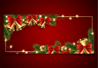 Festive Christmas frame featuring golden bells with red bows, pine branches, and string lights against a deep red background.