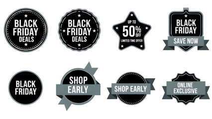 Black Friday sale badges and promotional labels offer deep discounts and savings for holiday shopping, perfect for online stores