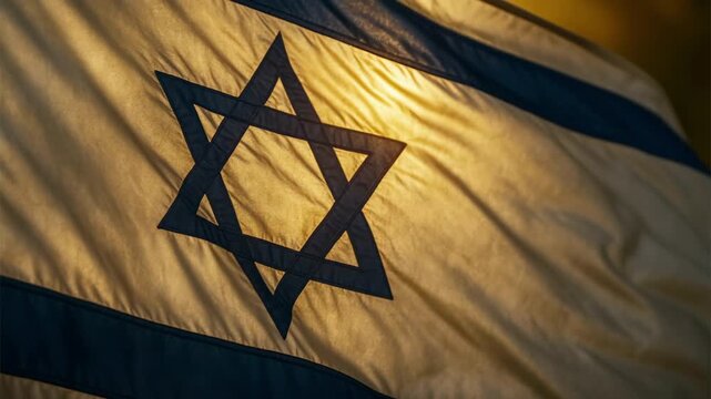 Closeup of Israel flag at sunset waving in slow motion