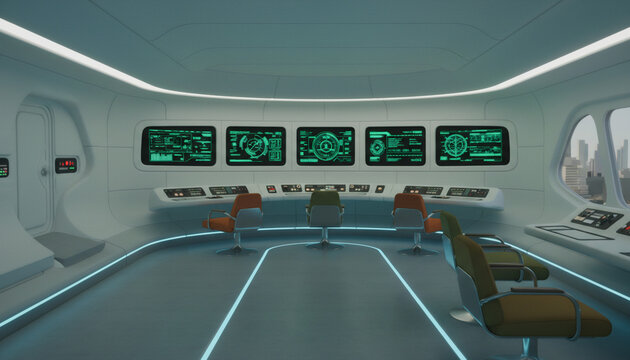 Futuristic Command Center Interior with High-Tech Console Displays - Powered by Adobe