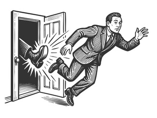 businessman being kicked out of a door, symbolizing job loss, rejection, or sudden dismissal sketch engraving generative ai fictional character raster illustration. Scratch board. Black and white.