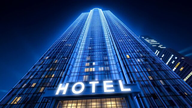 Marvel at the stunning exterior of a hotel illuminated by vibrant lights in the heart of the city. This captivating sight showcases modern architecture and a welcoming presence at night