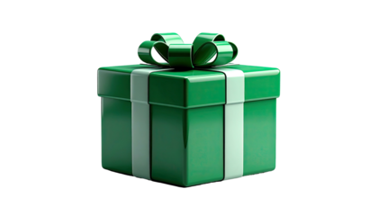 Green gift box with white ribbon and bow on black background