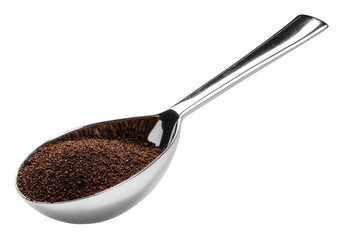 Shiny metal spoon filled with dark ground coffee