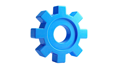 A bright blue 3D gear, centered, against a black backdrop