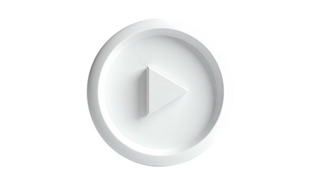 Raised, white, circular play button on black background