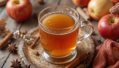 Enjoy warm apple cider with cinnamon sticks and star anise on rustic wood table