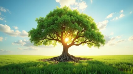Fototapeta premium Tree of life with strong roots and fresh green leaves under golden sunlight symbolizing health and vitality