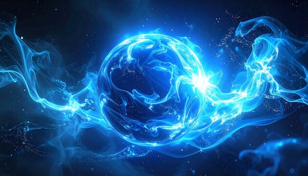 A vibrant cosmic depiction showcases a radiant sphere pulsating with energy, wreathed in flowing, luminescent, blue ethereal smoke, against a dark backdrop