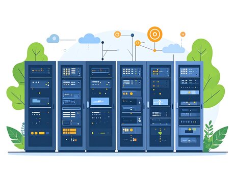 A stylized illustration depicting six server racks with various digital data related elements, cloud, trees, and network connections - Powered by Adobe
