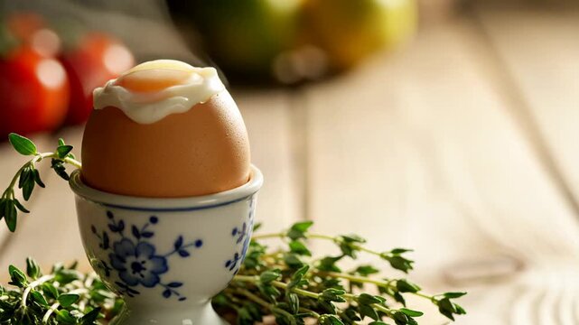 Soft-boiled egg in floral cup, evokes rustic breakfast vibes, hints of spring with fresh herbs, perfect for Easter brunch inspiration