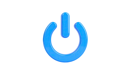 Blue, glossy power symbol with button and circle on black