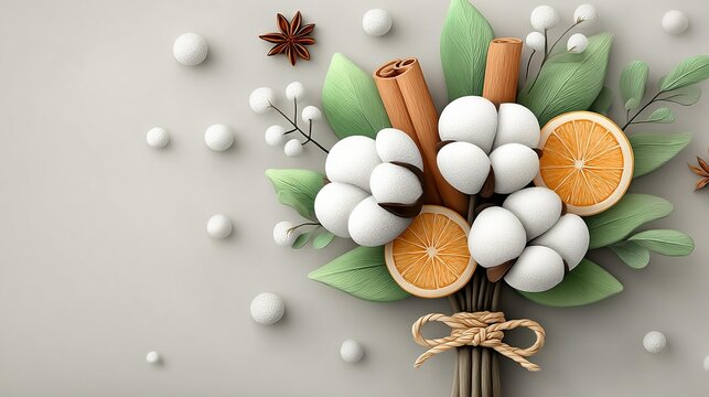 Beautiful arrangement of dried fruits and plants for home decoration during the festive season