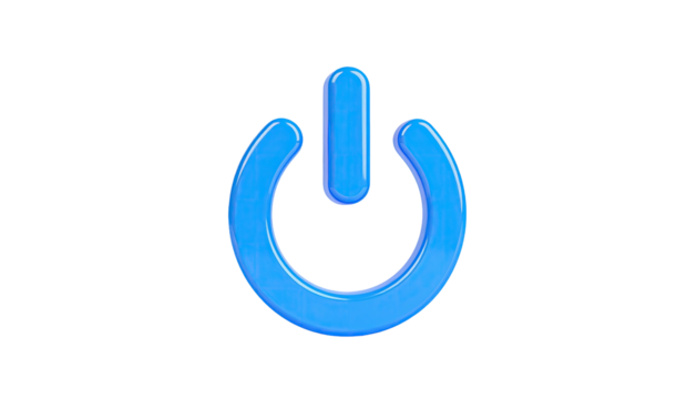 Blue, glossy power symbol with button and circle on black
